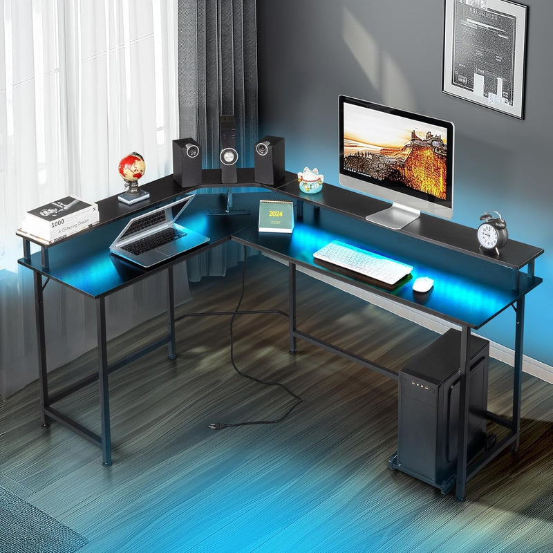 Black Corner Computer Desk L Shaped Desk, Computer Desk with Cool LED Light, Corner Desk Home Office Desk, Sturdy Corner Office Desk with Monitor Stand, Gaming Table