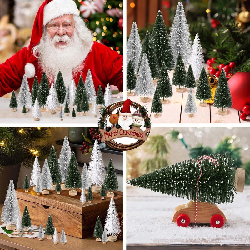 30Pcs Mini Christmas Trees Artificial Christmas Tree Bottle Brush Trees with Wooden Base for Christmas Decor Christmas Party Home Table Craft Decorations(Green+Silver+White)