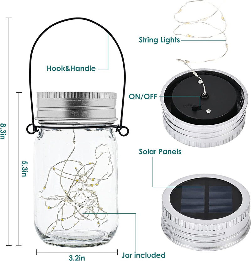 GIGALUMI Hanging Solar Mason Jar Lights, 6 Pack 30 Led String Fairy Lights Hanging Solar Lanterns Outdoor Waterproof, Hangers and Jars Included, Outdoor Decor for Christmas, Wedding, Garden, Patio