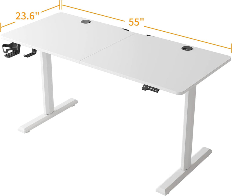 Cubicubi Height Adjustable Electric Standing Desk, 55 X 24 Inches Stand up Table, Sit Stand Home Office Desk with Splice Board, White Frame/White Top