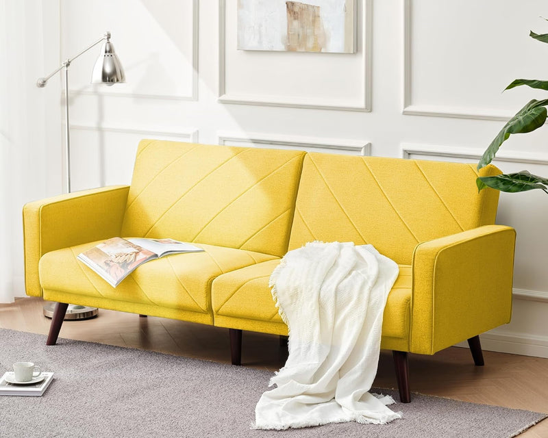 Fabric Futon Sofa Bed, 77.5” Convertible Sleeper Sofa Couch Bed with Adjustable Backrest, Modern Splitback Loveseat Sofa Chair, 2/3 Seater Fold Foam Sofa Bed for Bedroom, Apart, Office (Yellow)