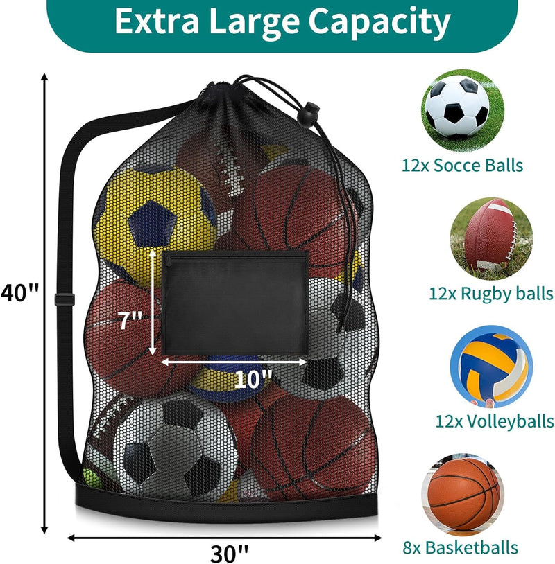 Extra Large Soccer Ball Bag, 40" X 30" Drawstring Mesh Ball Bag with Pocket, Heavy Duty Sport Net Sack for Coaches, Storage Bag for Basketball, Volleyball, Gym Equipment, Swimming Gear