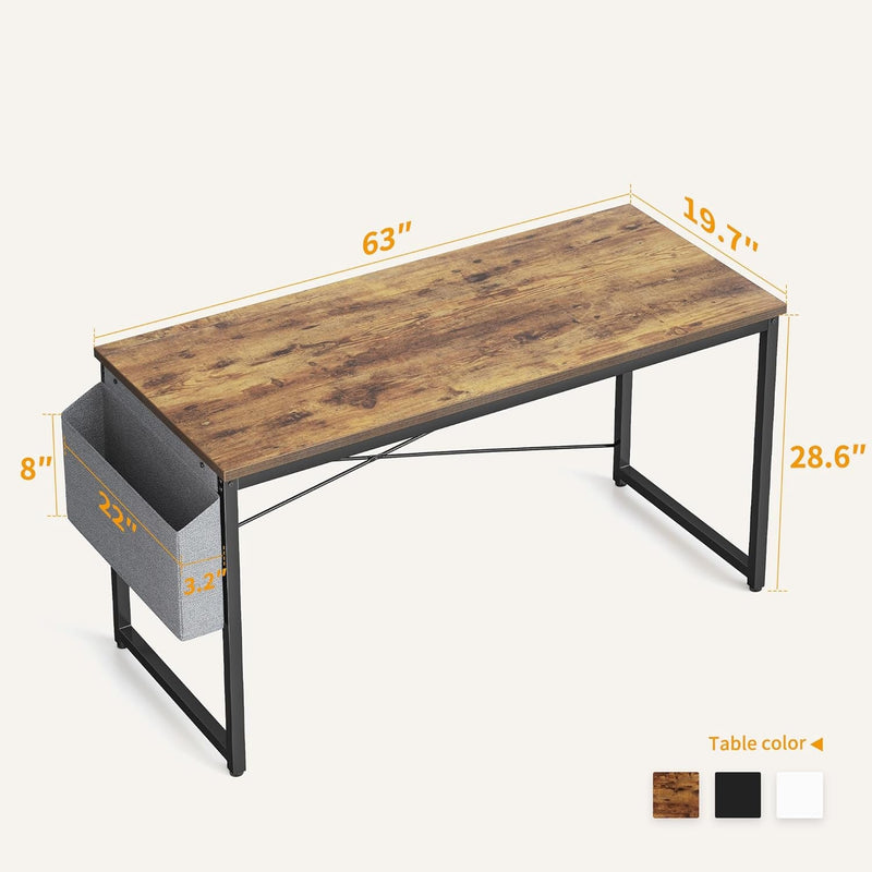 Cubiker Computer Deska, 63 Inch Modern Simple Style Desk for Home Office, Sturdy Writing Desk with Storage Bag, Brown