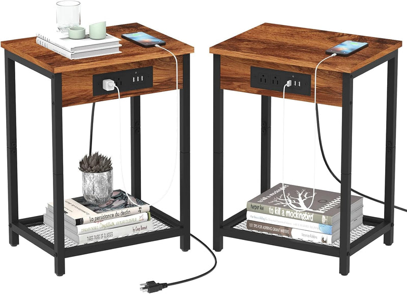 CADUKE Black Night Stand Set of 2 Bedside Table with Charging Station Small End Table with USB Ports and Power Outlets for Bedroom Living Room