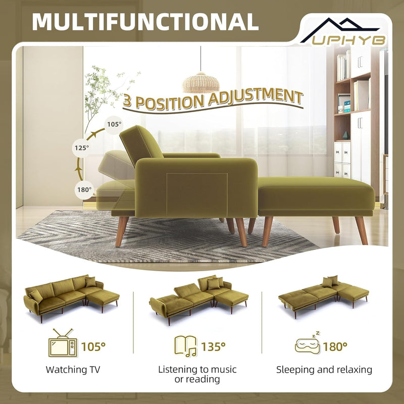 105" L-Shaped Velvet Sectional Sofa Couch, Modern Convertible Sleeper Sofa Bed with Adjustable Backrest, 2 Pillows and Ottoman, Modular Sofa Couch for Living Room and Apartment