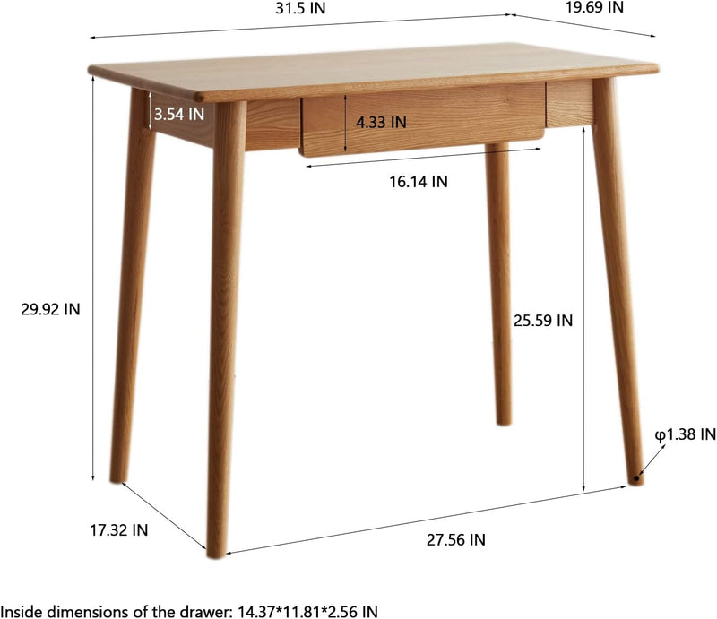 Home Office Writing Desk, Solid Wood Workstation Table with 2 Drawers for Small Spaces