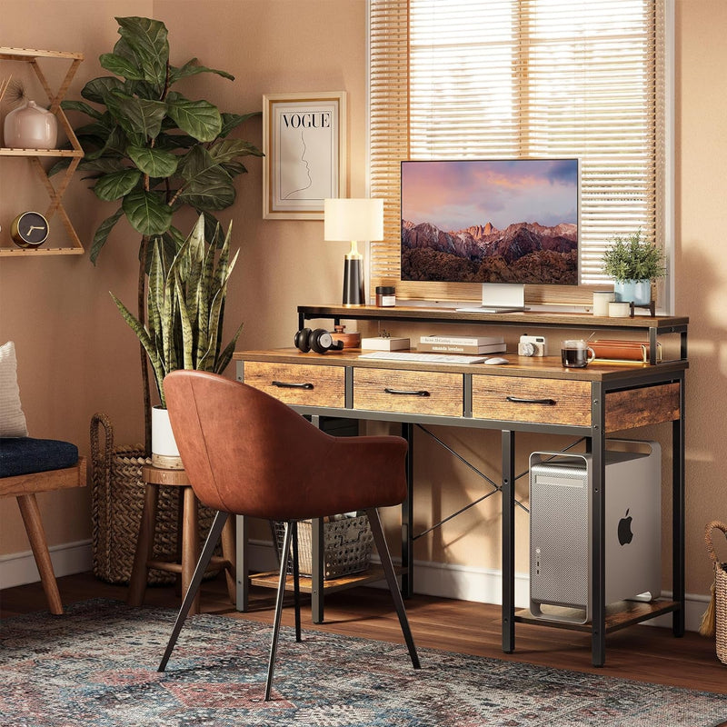 Cubicubi 47 Inch Computer Desk with 3 Drawers and Storage Shelves, Small Home Office Desk with Monitor Stand, Study Writing Table for Bedroom, Rustic Brown