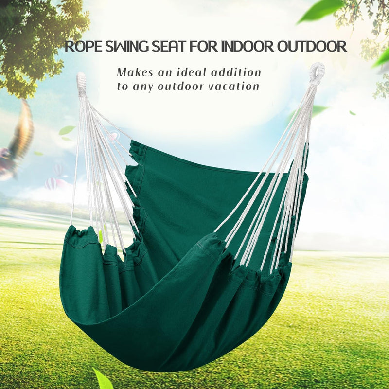 Hammock Chair Hanging Rope Swing, Max 300 Lbs Hanging Chair with Pocket- Quality Cotton Weave for Superior Comfort & Durability Perfect for Outdoor, Home, Bedroom, Patio, Yard (Dark Green)