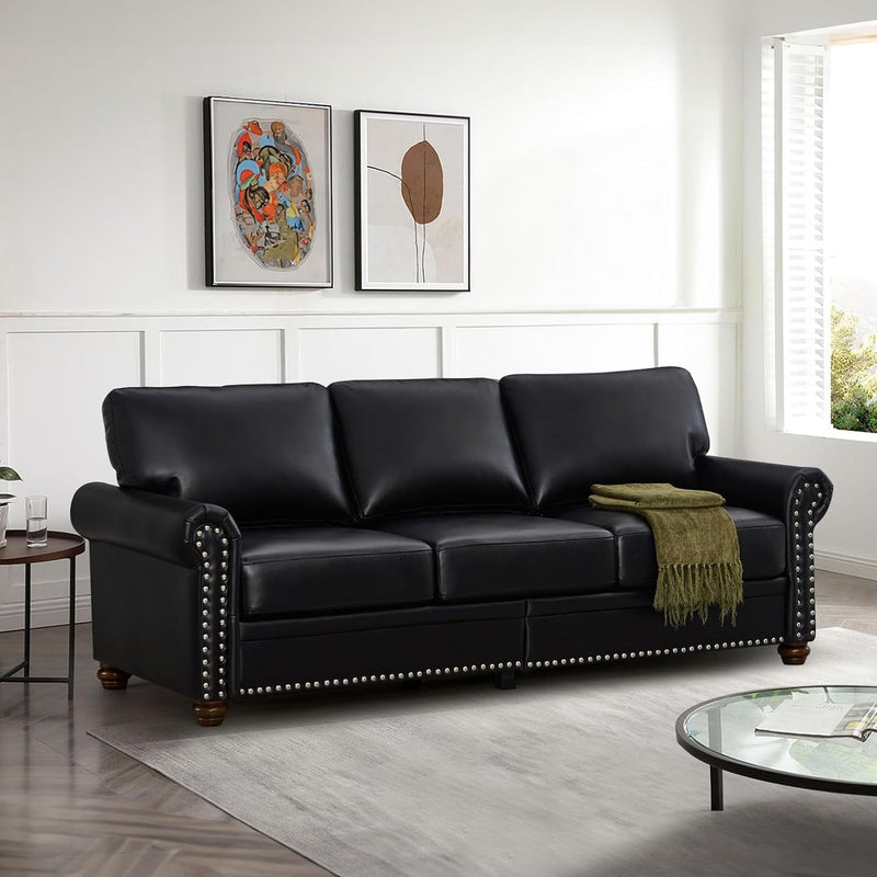 Antetek Comfy Upholstered PU Leather Sofa, 82.6-Inch Mid-Century Modern Loveseat Sofas with Storage Space & Solid Bun Feet, 3-Seater Couches for Living Room Small Space, Bedroom, Black
