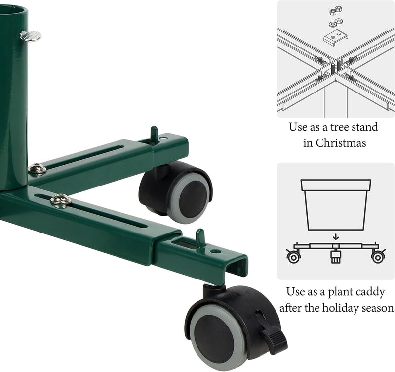 Blissun Christmas Tree Stand Base with Wheels, Movable Christmas Fake Tree Holder, Fits up to 7.5 FT Artificial Trees, Plant Caddy with Wheels, Plant Taxi, Plant Dolly Cart after Christmas (Green)