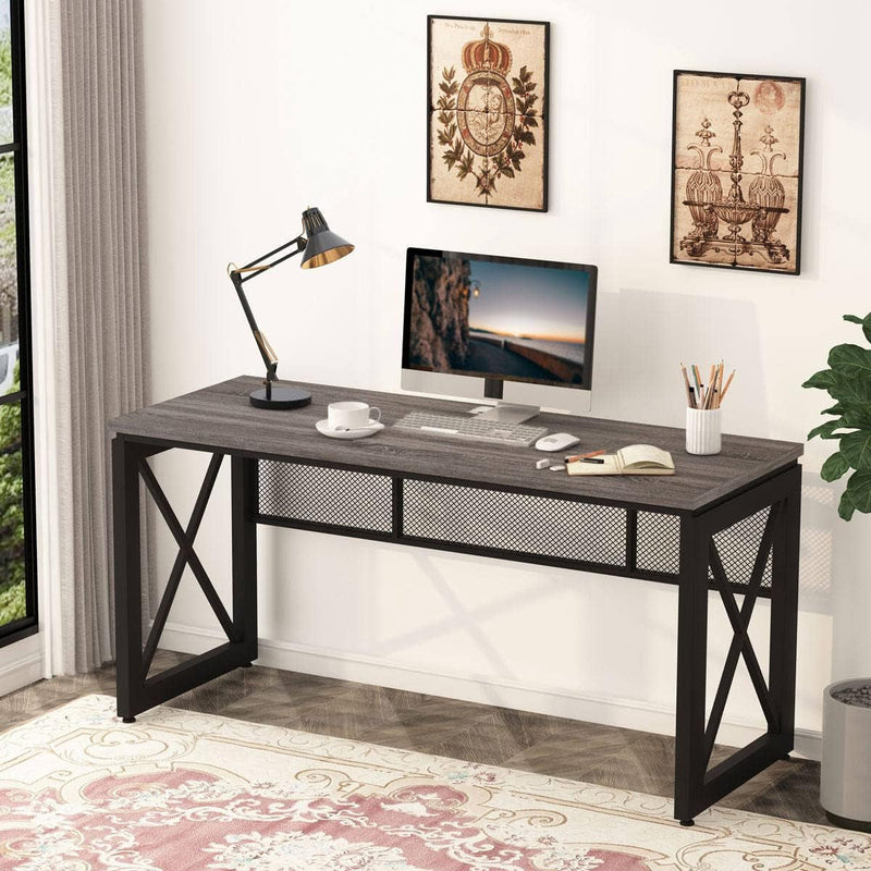BON AUGURE Sturdy Metal Writing Work Desk for Home Office with Farmhouse Standing Corner Shelf Stand for Living Room, Kitchen, Small Space (Dark Grey Oak)