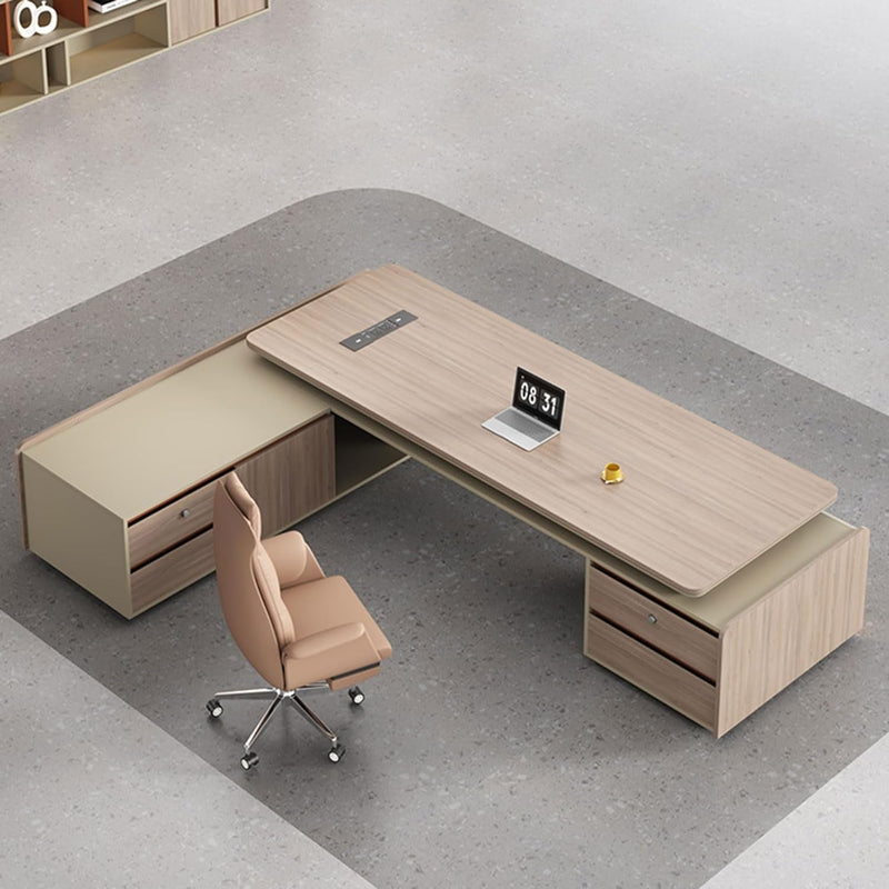 Contemporary Office Desk L-Shape Home Office Writing Desk with Power Outlet and Drawer Cabinet Modern Executive Desk Single Desk Office Long Boss Desk