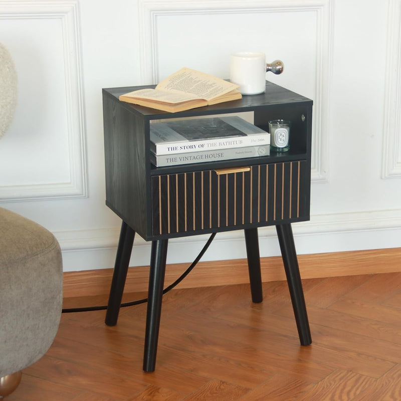 Black Nightstand with Charging Station, Mid Century Modern Bedside Table with Open Shelf and Storage Drawer, End Table with Solid Wood Legs, Black