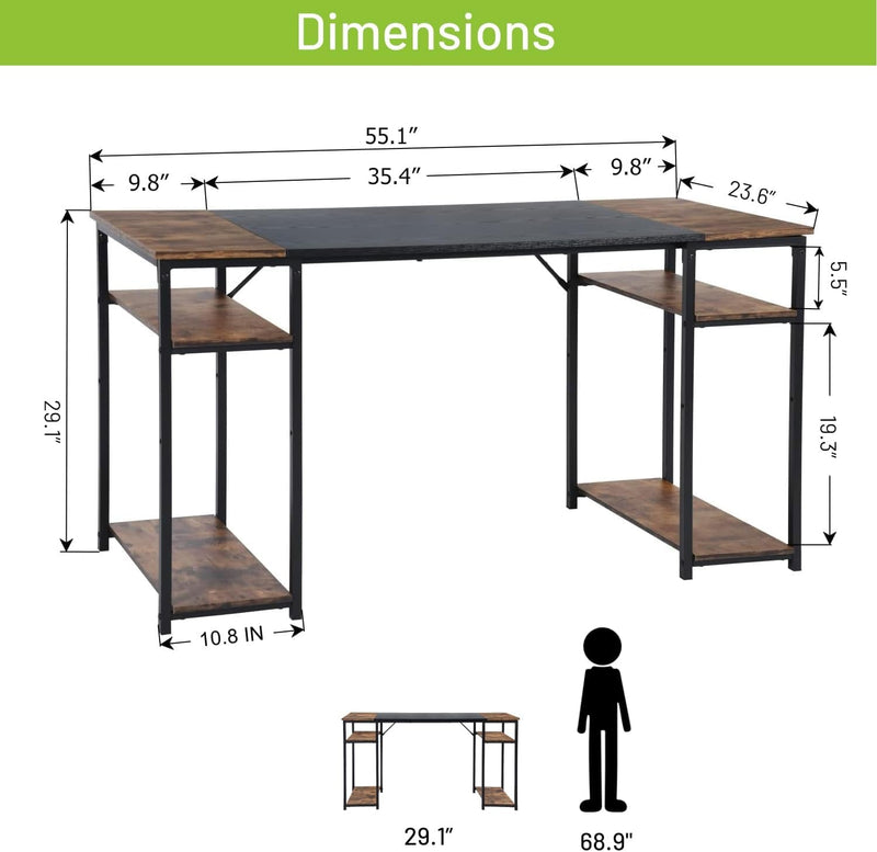 Furniturer Brown Black Wood Top L55 Contemporary Writing Table with 4 Storage Shelves for Home Office Study Living Room Computer Desk, Black&Brown