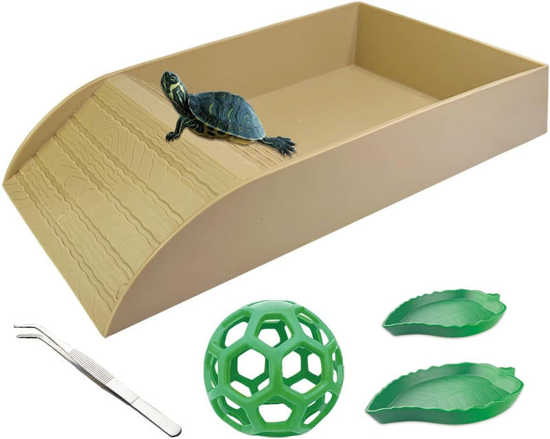 5 Pcs Tortoise Water Dish Set,Tortoise Water Dish with Ramp and Turtle Water Bowl,Turtle Feeder Ball,Scrub Brush,Amphibian Reptile Water Bowl Turtle Pool Suitable for Turtles,Lizards (Brown)