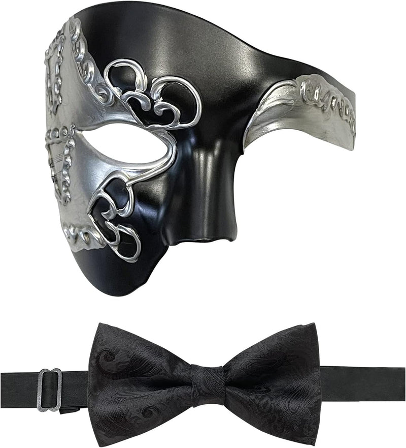 Funmular Masquerade Mask for Men Phantom of the Opera Half Face Mask with Bowtie, Venetian Masks for Halloween Party