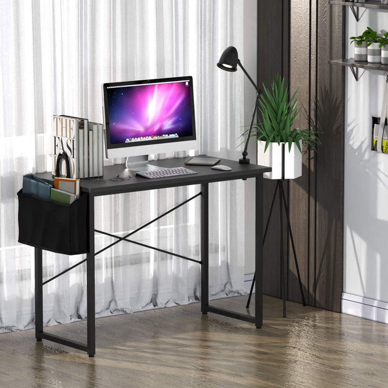 Computer Desk, Simple Writing Desk with Storage Bag and Metal Frame, Wood Study Desk for Bedroom, Industrial Work Desk for Home Office, Small Desks for Small Spaces (Black, 40'')