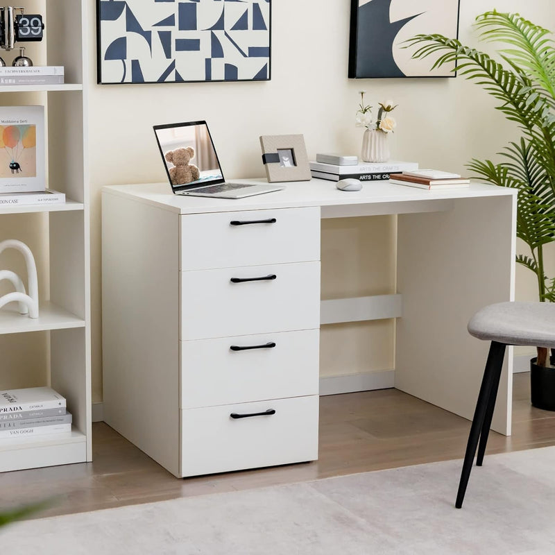 COSTWAY White Computer Desk with 4 Large Drawers, Home Office PC Desk Workstation for Writing, Modern Computer Table for Bedroom, Study, Living Room