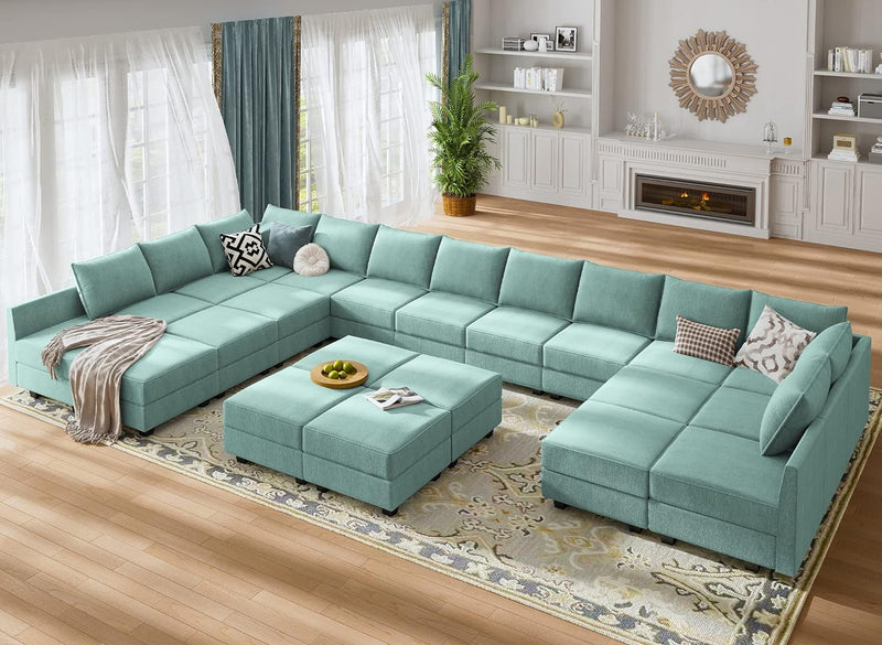 HONBAY Convertible U Shaped Modular Sofa Sectional Modular Couch with Chaise Oversized Sofa Sleeper Couch for Large Living Room,Aqua Blue