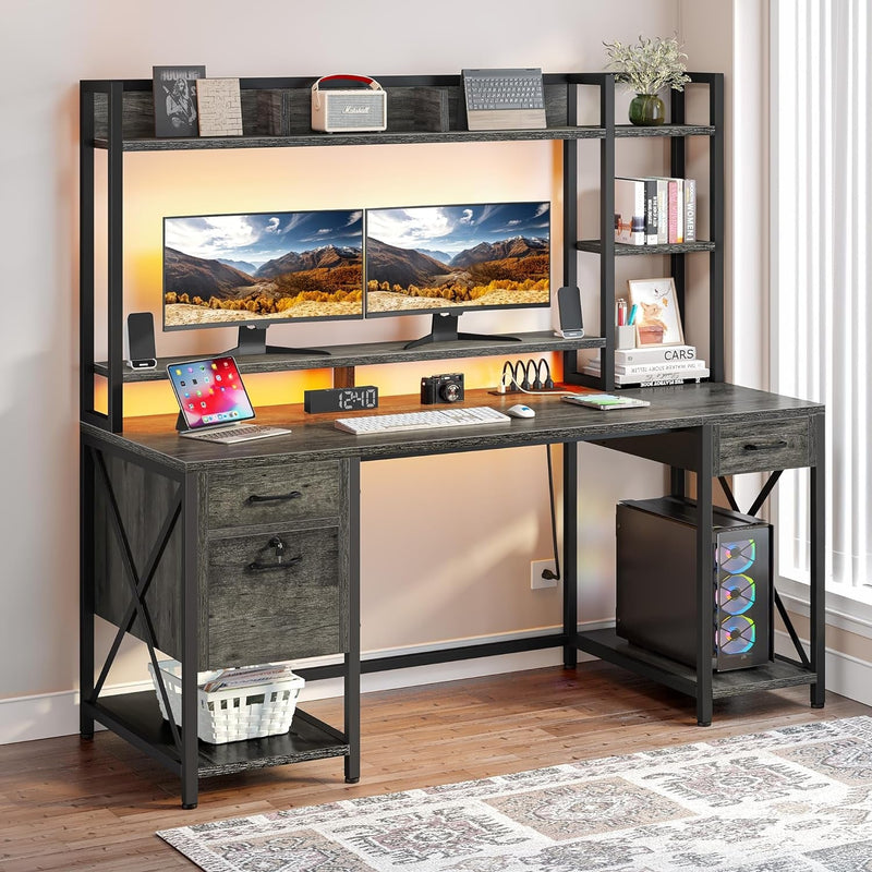 DWVO Computer Desk with Drawers & Hutch, 59.1" Office Desk with Power Outlets & LED Lights, Home Office Desk with Storage Shelves, Rustic Brown