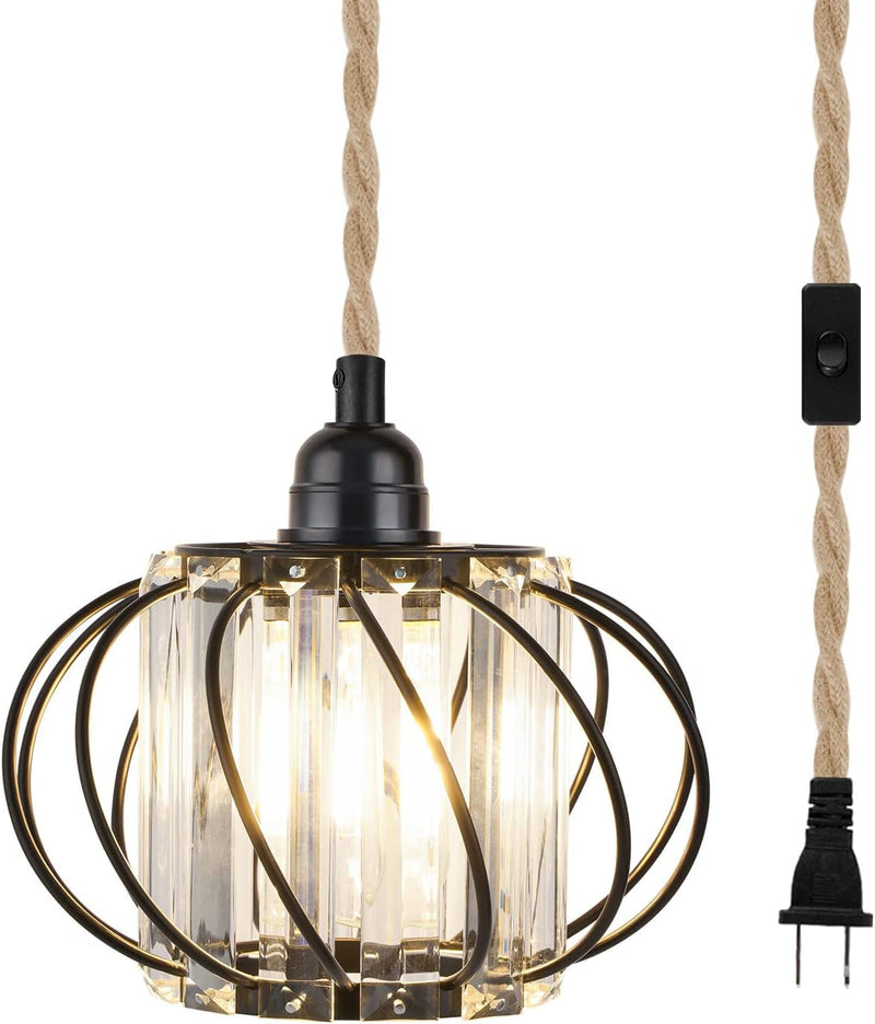 Crystal Plug in Pendant Light - Farmhouse Hanging Lights with Plug in Cord 16.4Ft Hemp Rope Hanging Light Fixtures with On/Off Switch Industrial Hanging Lamp for Living Room Bedroom Kitchen Island