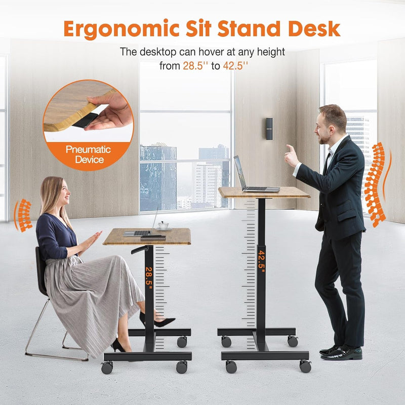 DUMOS Standing Rolling Desk Adjustable Height, Mobile Desk with Wheels Lockable Rust Brown Mobile Laptop Desk for Office, Home and Study