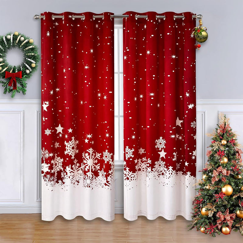 CAROMIO Christmas Curtains for Living Room 2 Panel Sets, Red Velvet Window Curtains 84 Inches Long, Floral Snowflake Decoration Curtains, Thermal Insulated Room Darkening Curtains, 52 X 84 Inches