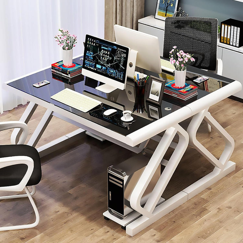 Contemporary Tempered Glass Computer Desk, Modern Large Home Office Desk Rectangular Writing Desk Gaming Desk with Metal Legs Computer Desktop Table(47''L, White)