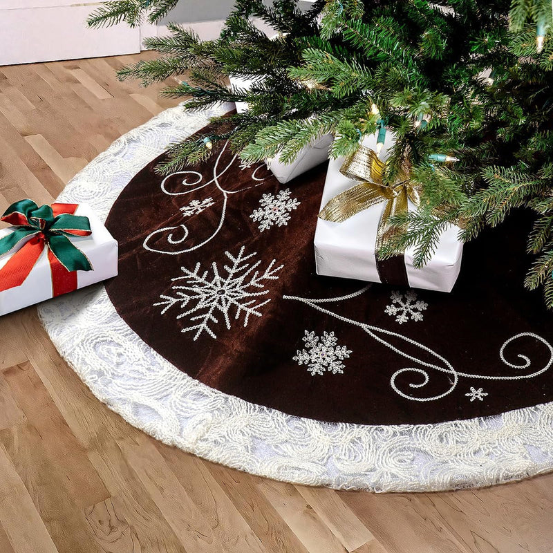 48 Inches Christmas Tree Skirt, Luxury Red Velvet Tree Skirt with Sequin Embroidery for Xmas Holiday Party Decorations Christmas Ornaments