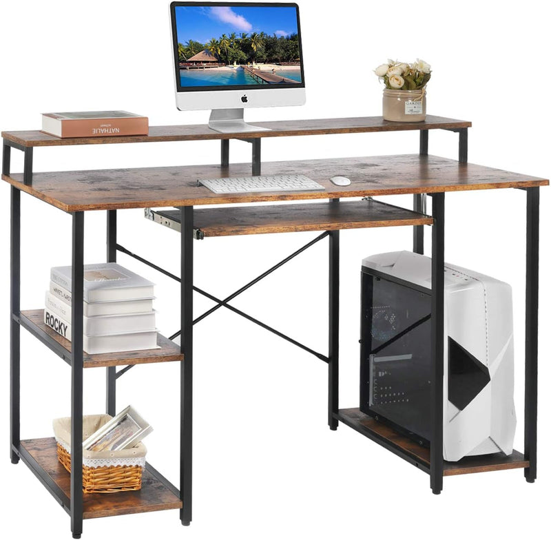 Computer Desk with Keyboard Tay, Industrial Home Office Desk with Hutch/A 2-Tie Bookshelf/Cpu Stand/Monitor Stand, Study Desk for Small Space,Pc Laptop Table Workstation, Saving Space