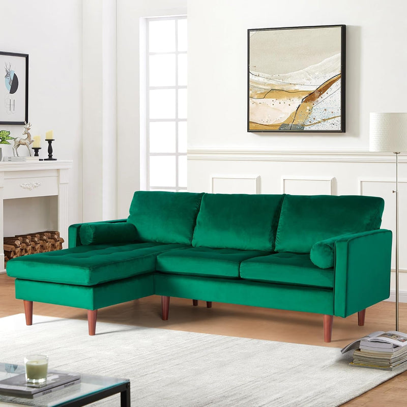 Convertible Sectional Sofa Couch, Upholstered Velvet L Shaped Couch with Chaise, Modern 3 Seat Sectional Couch for Living Room Apartment Small Space (Green)