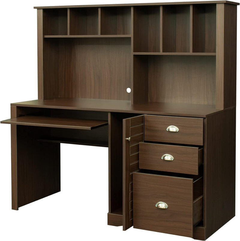 Bellemave Computer Desk with Drawers & Bookshelf, Wood Executive Desk Teens Student Desk Writing Laptop Home Office Desk with Hutch and Keyboard Tray, Walnut