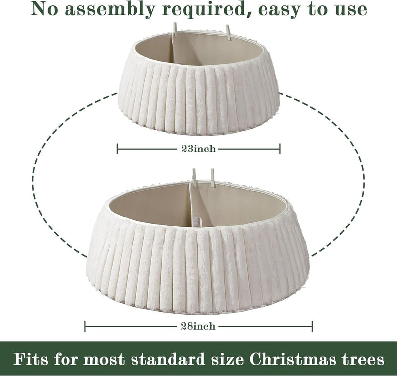 Christmas Tree Collar, Rustic White Luxury Plush Faux Fur Tree Collar with Stripe Textured Pattern, Soft Fluffy Xmas Tree Ring Boho Tree Skirt for Holiday Decorations Indoor Home Decor