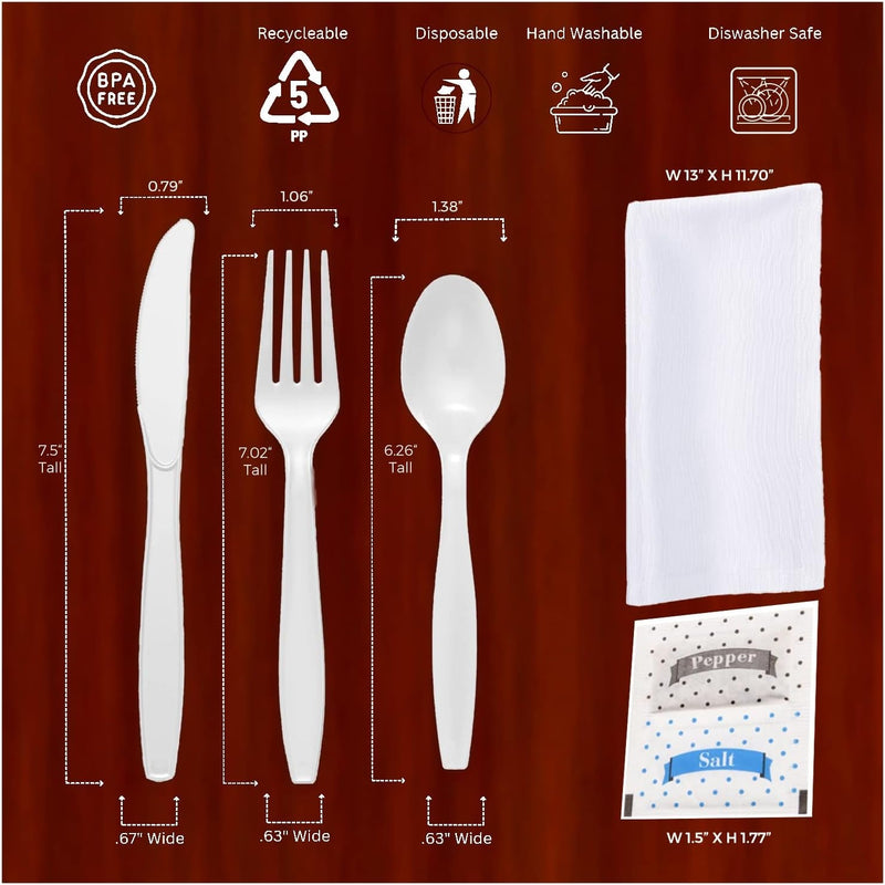 BULK HEAVY WEIGHT Cutlery Individually Wrapped White Plastic Cutlery Knife, Spoon, Fork Pack with Napkin and Salt and Pepper Packets - Extra Strong & Extra Resistant