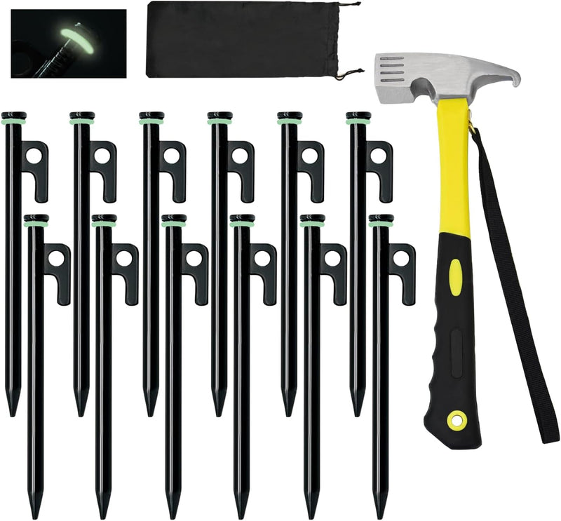 8/12/16Pack Tent Stake with Hammer, 8/10/12/16In Heavy Duty Tent Stakes + 10In Tent Stakes Hammer+Storage Pouch, Forged Steel Tent Stakes Used on Rocks (12 Pack 10In Tent Stakes+Hammer)