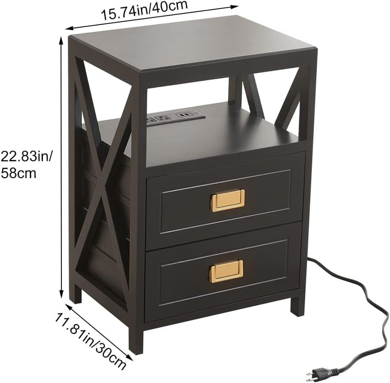 Assembled Nightstand with Charging Station, No Assembly End Table with USB Ports and Outlets, Fully Assembled Side Table with 2 Drawers and Open Shelf for Bedroom for Living Room, Black