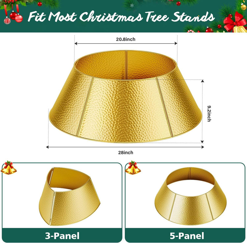 28" Metal Christmas Tree Collar with 20Ft 40 LED String Lights, Tree Base Cover Christmas Tree Ring Stand Holiday Skirt Decor Christmas Tree Decoration for Real or Artificial Trees, Gold