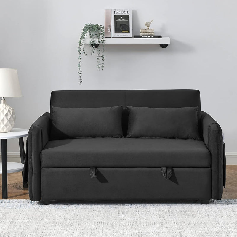 3 in 1 Convertible Loveseat Sleeper Bed Sofa Small Couch Modern Velvet Chaise Longue Daybed with Pockets and Pillows for Small Living Room,Bedroom,Apartment (Black 3)