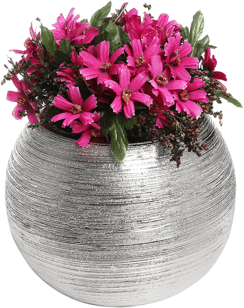 7-Inch Round Modern Gold-Tone Metallic Ceramic Plant Flower Planter Pot, Decorative Bowl Vase Home & Garden > Decor > Vases MyGift Silver  