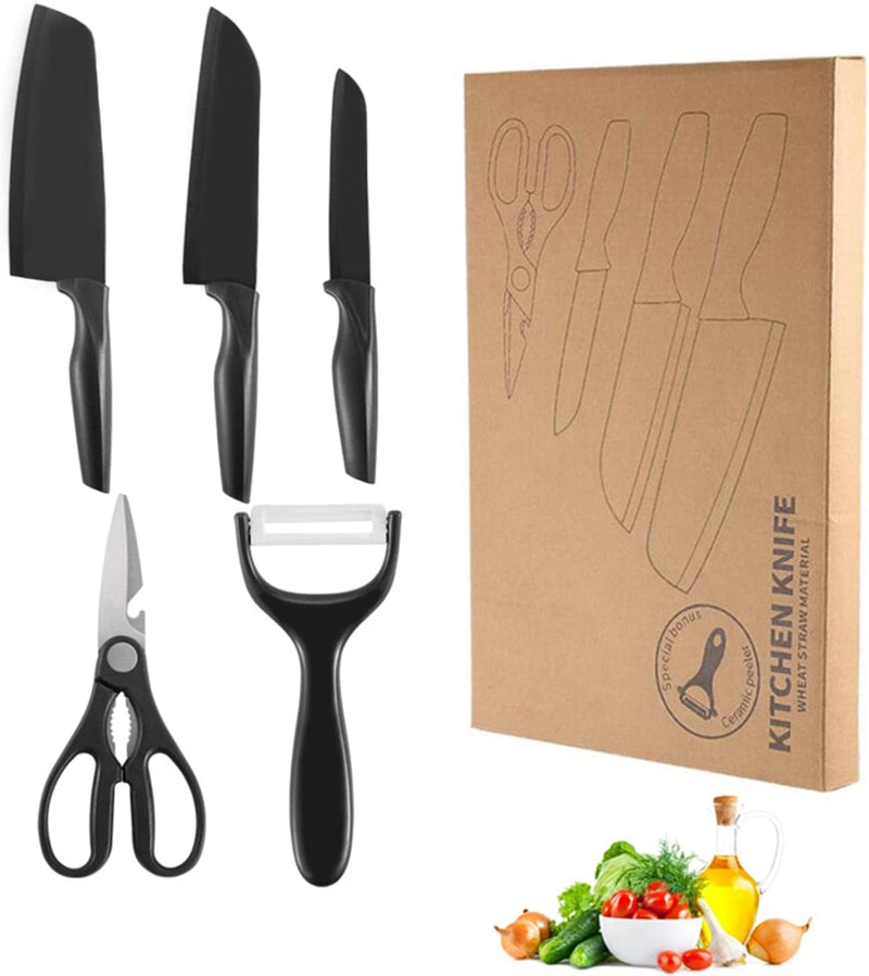 7 Pieces of Kitchen Knives Set Include 3 Kitchen Knives 1 Scissor & 1 Peeler Stand and Chopping Board Stainless Steel Non-Stick Coating with Gift Box(Pink) Home & Garden > Kitchen & Dining > Kitchen Tools & Utensils > Kitchen Knives DT001 Black 5 Pieces 