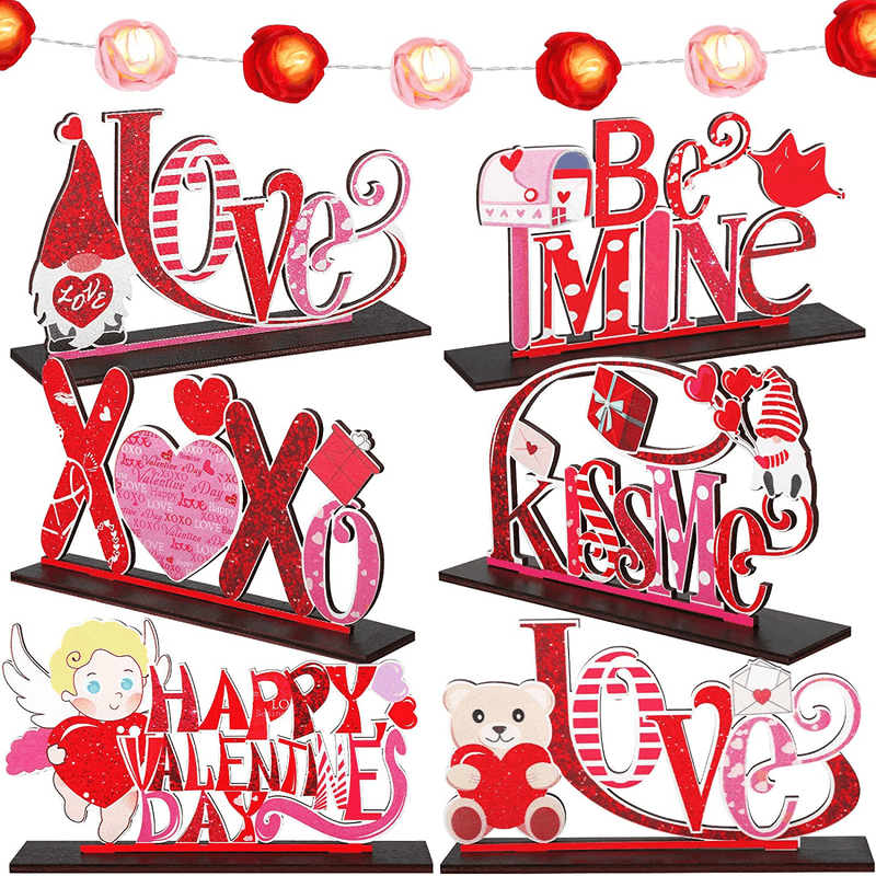 7 Pieces Valentine'S Day Table Decorations Wooden Heart Table Centerpiece Love Wood Sign Dinner Party Be Mine Table Decor 5 Ft Light for Valentine'S Day Anniversary Wedding Party Decors Home