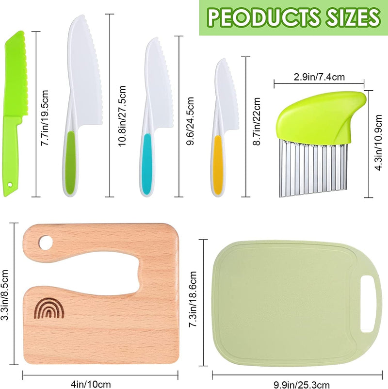 7 Pieces Wood Kids Kitchen Knife Toddler Knife Set Includes Wooden Kids Knife Serrated Edges Plastic Cooking Knives Green Cutting Board Vegetable Crinkle Cutter Cooking Utensils for Kids Home Supplies Home & Garden > Kitchen & Dining > Kitchen Tools & Utensils > Kitchen Knives Chengu   