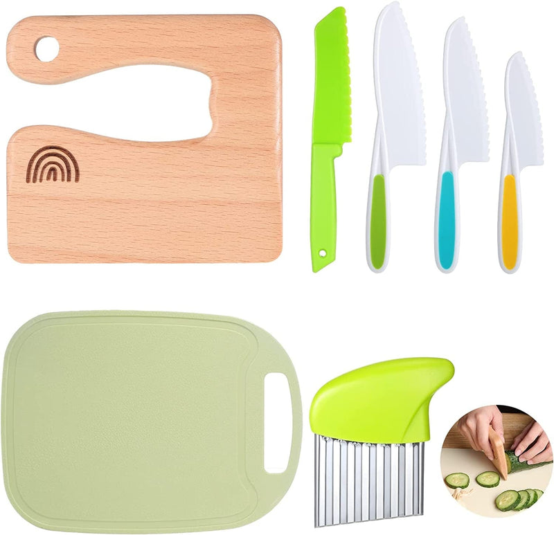 7 Pieces Wood Kids Kitchen Knife Toddler Knife Set Includes Wooden Kids Knife Serrated Edges Plastic Cooking Knives Green Cutting Board Vegetable Crinkle Cutter Cooking Utensils for Kids Home Supplies Home & Garden > Kitchen & Dining > Kitchen Tools & Utensils > Kitchen Knives Chengu   
