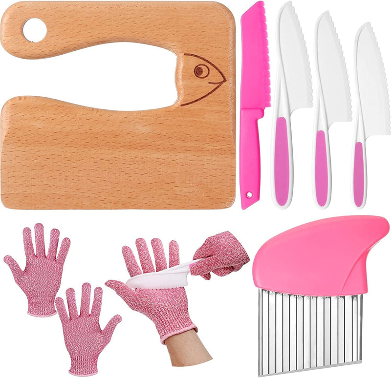 7 Pieces Wooden Kids Kitchen Knife Include Wood Kids Knife Plastic Potato Slicers Cooking Knives Serrated Edges Toddler Knife Kids Plastic Knife Resistant Gloves for Kitchen Children (Crocodile)