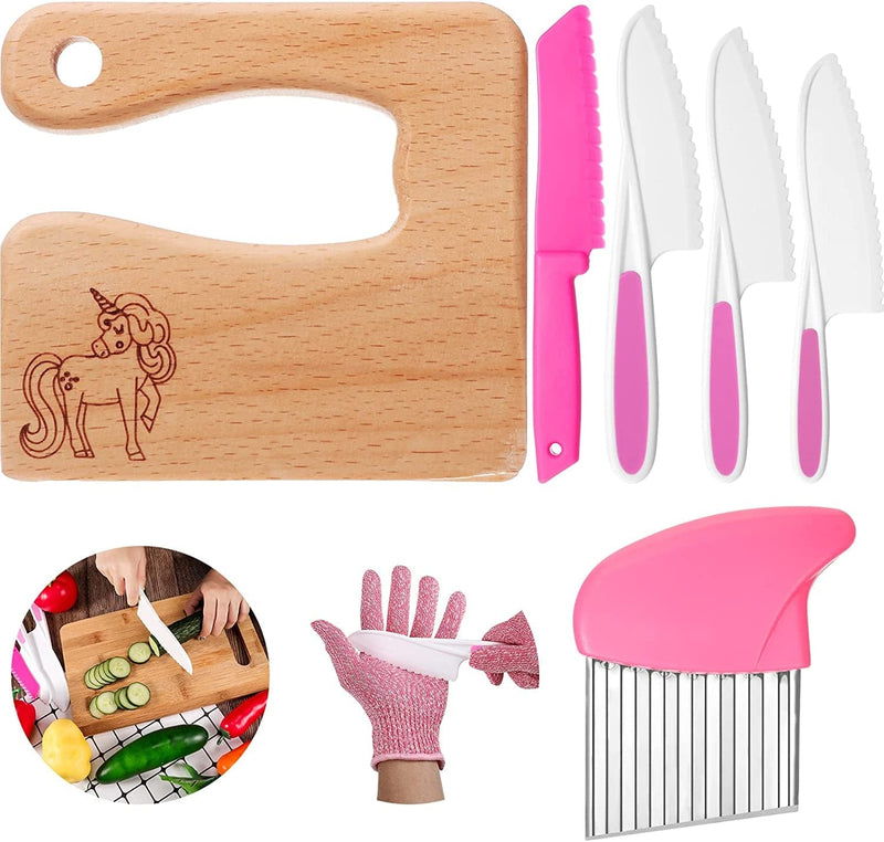 7 Pieces Wooden Kids Kitchen Knife Include Wood Kids Knife Plastic Potato Slicers Cooking Knives Serrated Edges Toddler Knife Kids Plastic Knife Resistant Gloves for Kitchen Children (Crocodile) Home & Garden > Kitchen & Dining > Kitchen Tools & Utensils > Kitchen Knives Zhehao Unicorn  