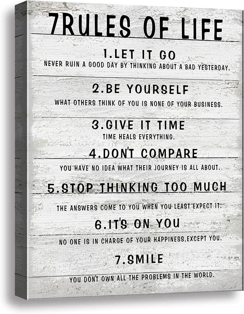 7 Rules of Life Motivational Poster Printed on Canvas Wall Decor for Living Room Inspirational Wall Art Size11.5 X 15 Inch -Motivational Wall Art for Bedroom or Home Framed Positive Wall Art for Office Art Decoration Ready to Hang A-253 Home & Garden > Decor > Artwork > Posters, Prints, & Visual Artwork Ploceiny 7 Rules of Life White  