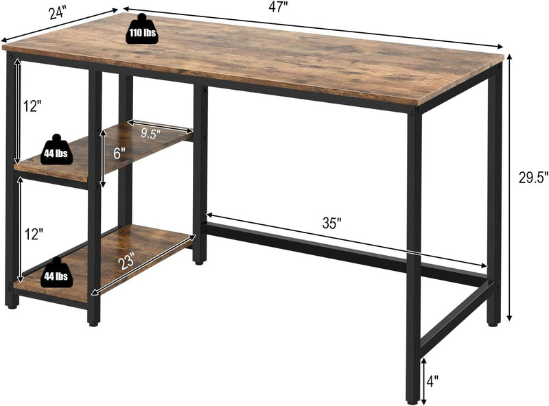 Computer Desk, Large Gaming Desk with Storage Shelves and Metal Frame, Study Desk for Bedroom, Work Desk for Home Office, Writing Desk for Small Spaces (Rustic Brown, 47'')