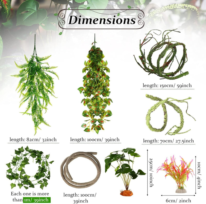 9 Pieces Reptile Jungle Vines Decor Set Include Bendable Flexible Climbing Plastic Plants with Suction Cups Tank Accessories Habitat Decor for Gecko, Snake, Hermit Crab