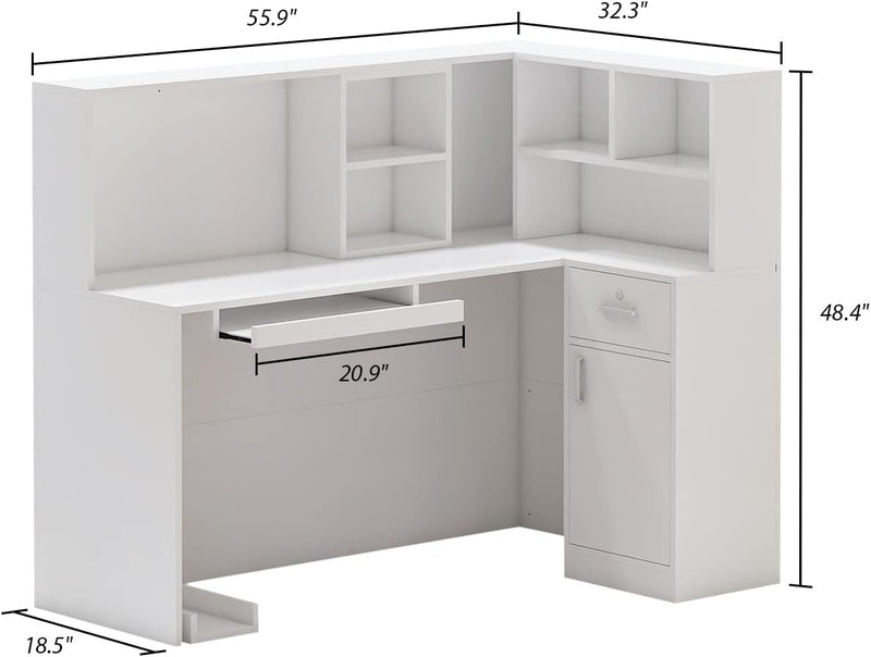 Homsee Reception Desk L-Shaped Office Desk with Counter, 1 Door Storage Cabinet, 1 Lockable Drawer, Hutch Shelf & Keyboard Tray, White