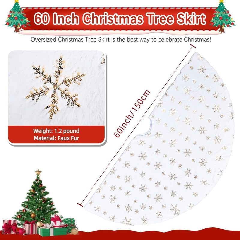 Christmas Tree Skirts 60 Inches, White Faux Fur Christmas Tree Skirt with Gold Sequin Snowflakes, Extra Large Plush Tree Skirts for Xmas Holiday Party Decorations.